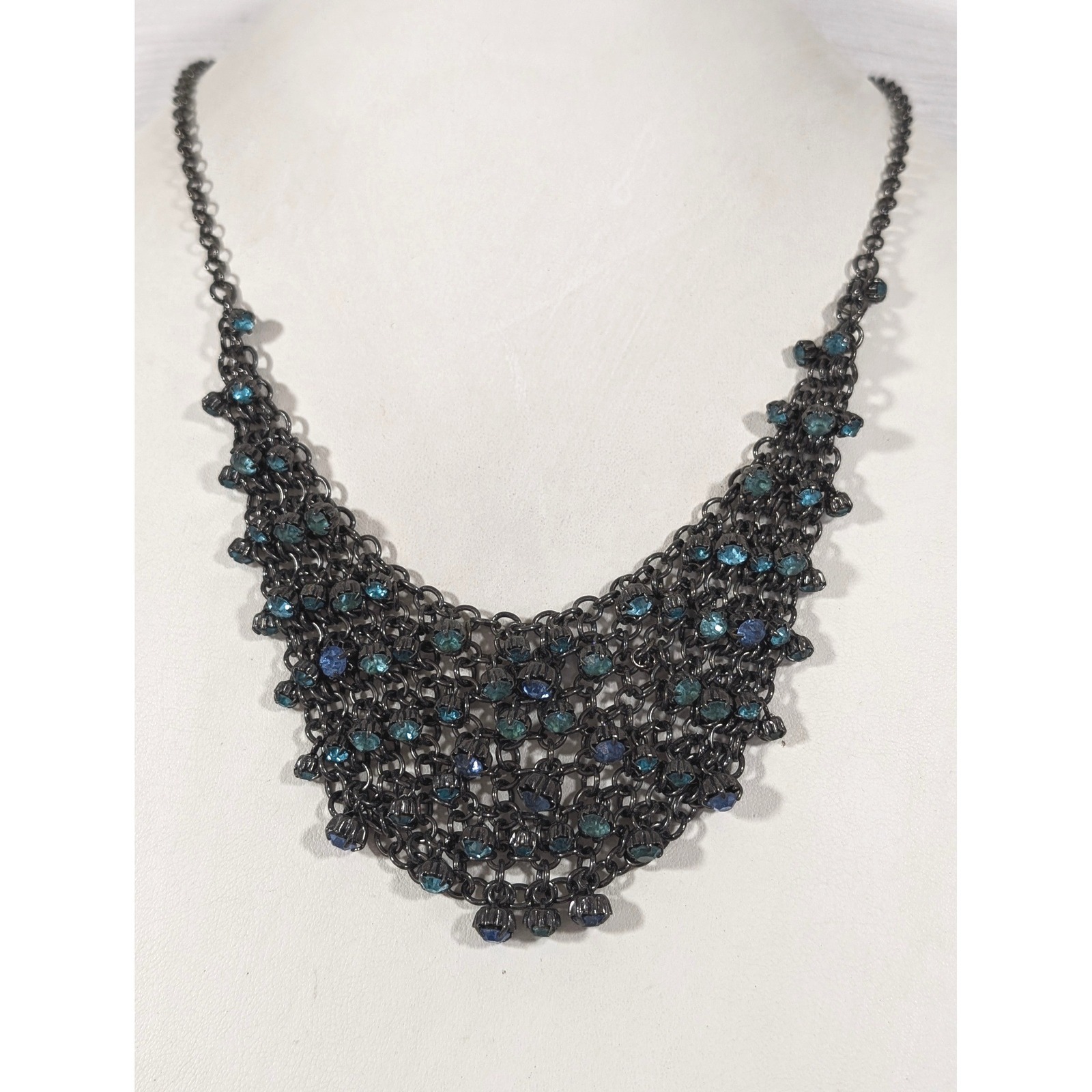 Lane Bryant Gunmetal Gray Blue Rhinestone Bib Necklace Statement 22 In 20$